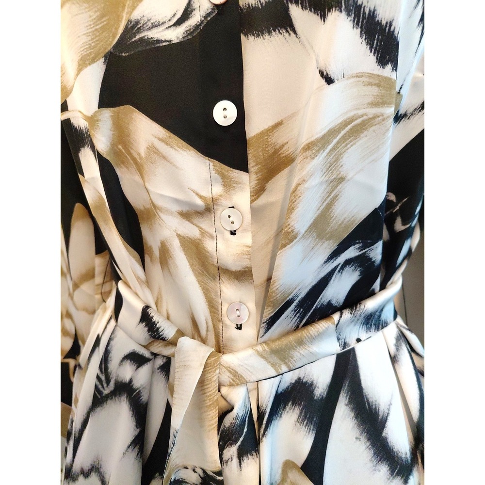 NWT Satin Tie Waist Shirt Dress MEDIUM Lightweight Olive Black Career Chic Sheer - Picture 5 of 10